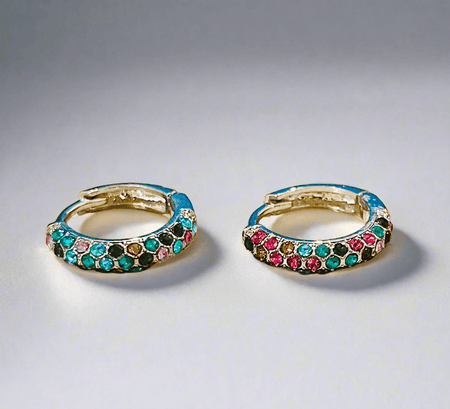 Rainbow Rhinestone Huggie Hoops with vibrant gemstones on a sustainable zinc alloy base.