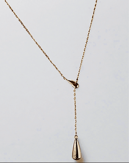 Golden Water Drop Necklace with eco-friendly recycled gold and adjustable chain length.