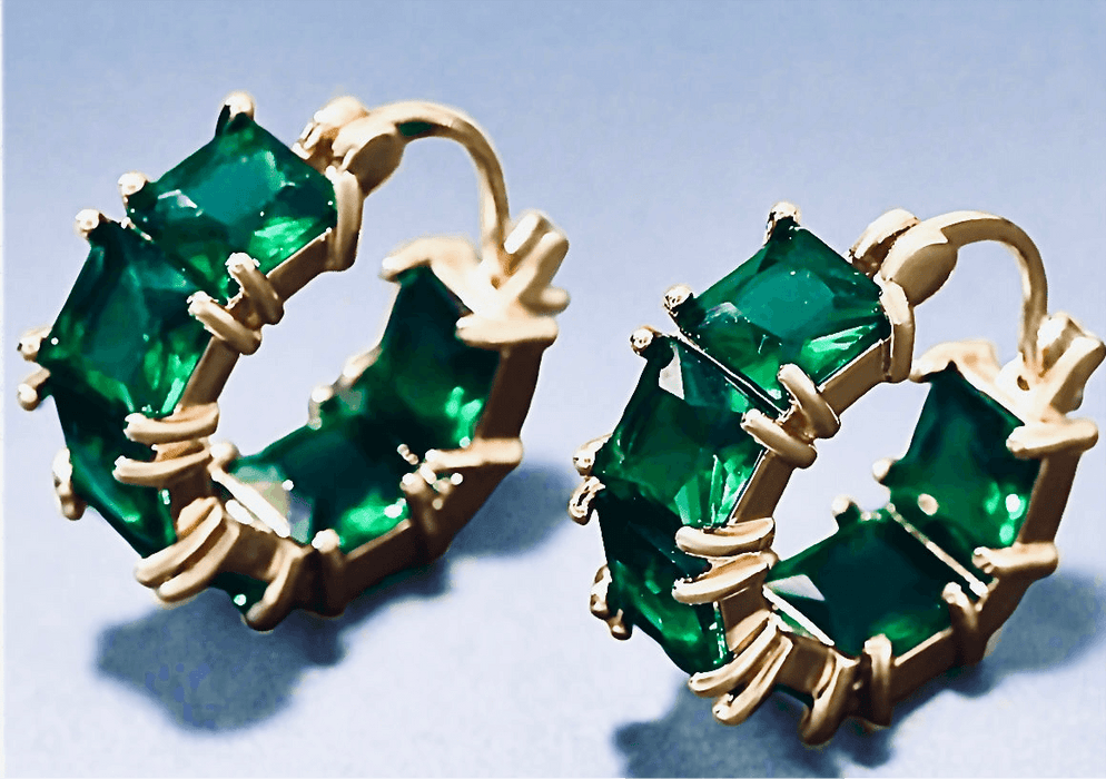 Emerald Green Square Hoops with gold plating and eco-friendly zirconia stones.