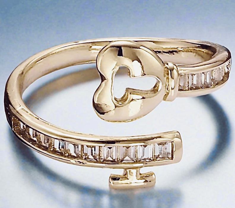 Adjustable Gold Heart Padlock Ring with cubic zirconia accents and 14K gold-filled brass design.