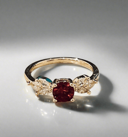 Ruby Gemstone Ring with lab-grown ruby, gold plating, and cubic zirconia.