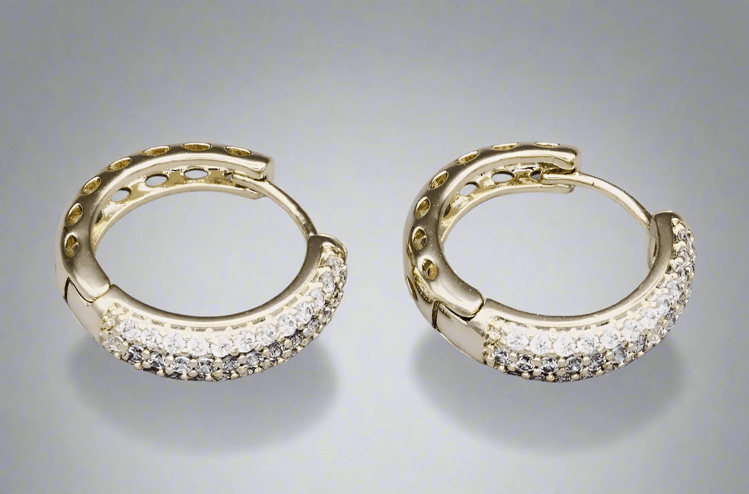 Head Turner Huggie Hoops with cubic zirconia, 14K gold-filled brass, 19.1mm X 20.8mm, elegant and lightweight earrings.