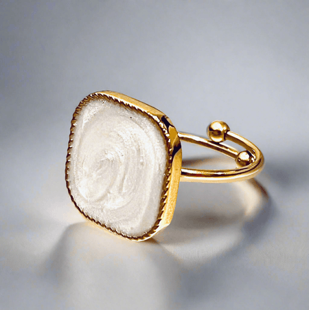 Vintage inspired square ring with adjustable band, sustainable recycled materials, and eco-friendly design.