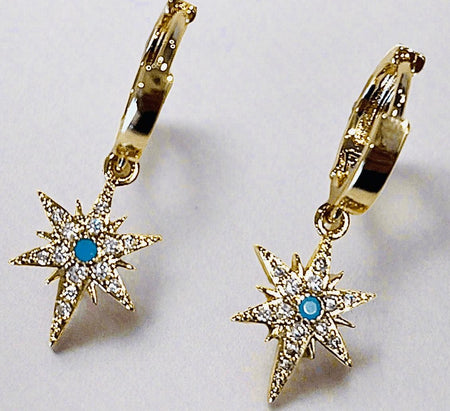 Starlight hoop pendant earrings with cubic zirconia and turquoise charms, gold finish.