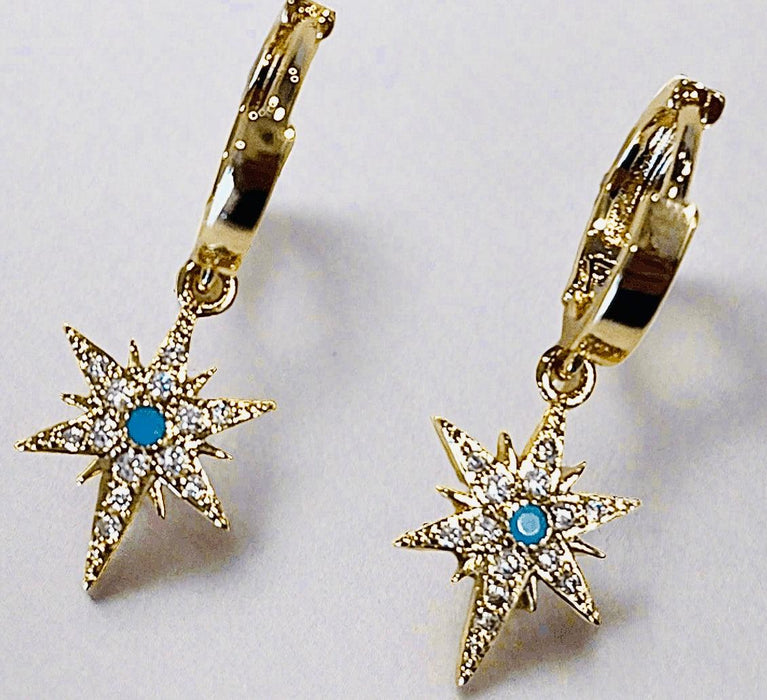 Starlight hoop pendant earrings with cubic zirconia and turquoise charms, gold finish.